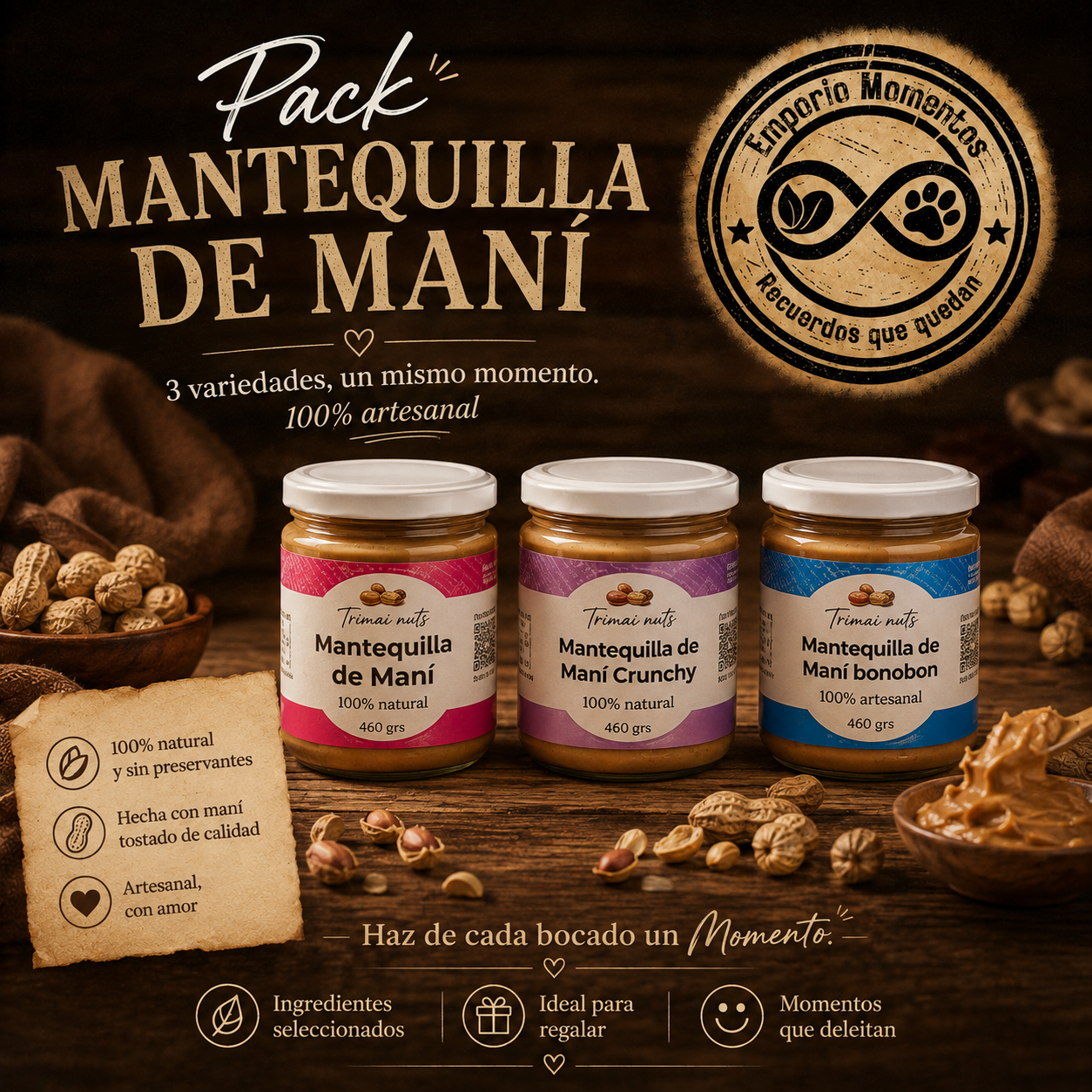 Pack Mantequilla de Maní (original, crunchy y bon o bon)