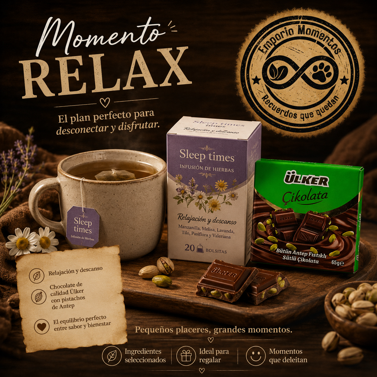 Momento Relax – Infusión de hierbas + Chocolate con Pistacho